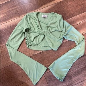 Oh Polly Cross Over Bell Sleeve Flirty Cut Cropped Long Sleeve Stretchy Top UUU